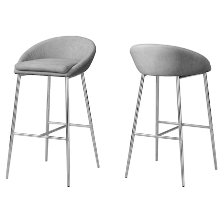Monarch Specialties Bar Stool, Set Of 2, Bar Height, Metal, Fabric, Grey, Chrome, Contemporary, Modern I 2299